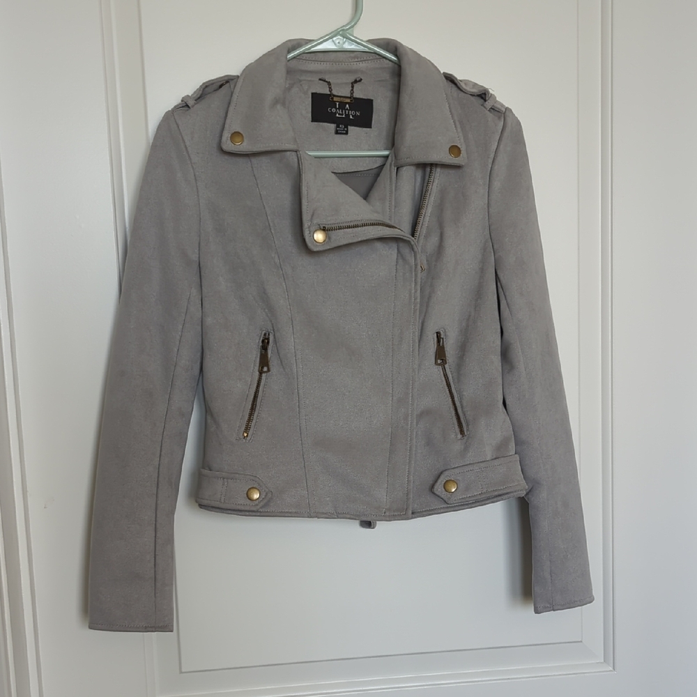 Chic Gray Leather Jacket with Gold Details